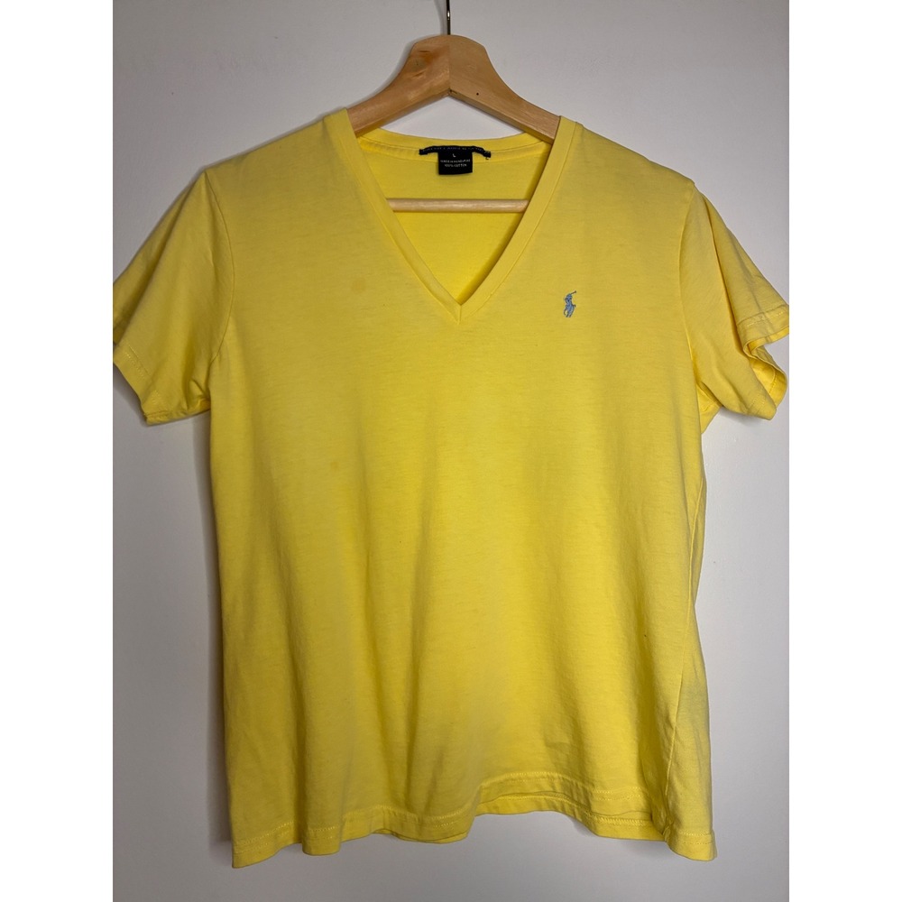 Ralph Lauren Sport T-Shirt Women L Yellow V-Neck Short Sleeve Pony Logo Cotton